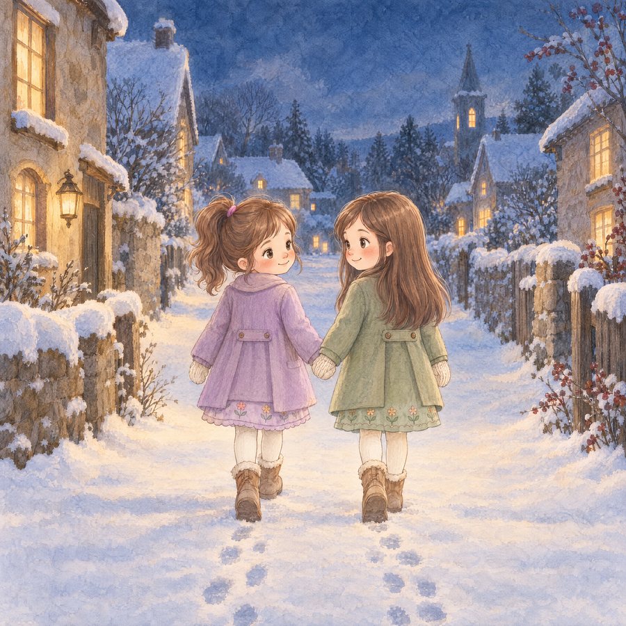 Illustration: two girls in winter coats walk hand in hand down a snowy village lane at dusk, leaving footprints behind them.