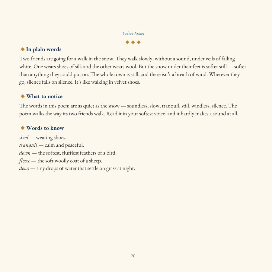 The explanation page for Velvet Shoes, with sections titled In plain words, What to notice, and Words to know.