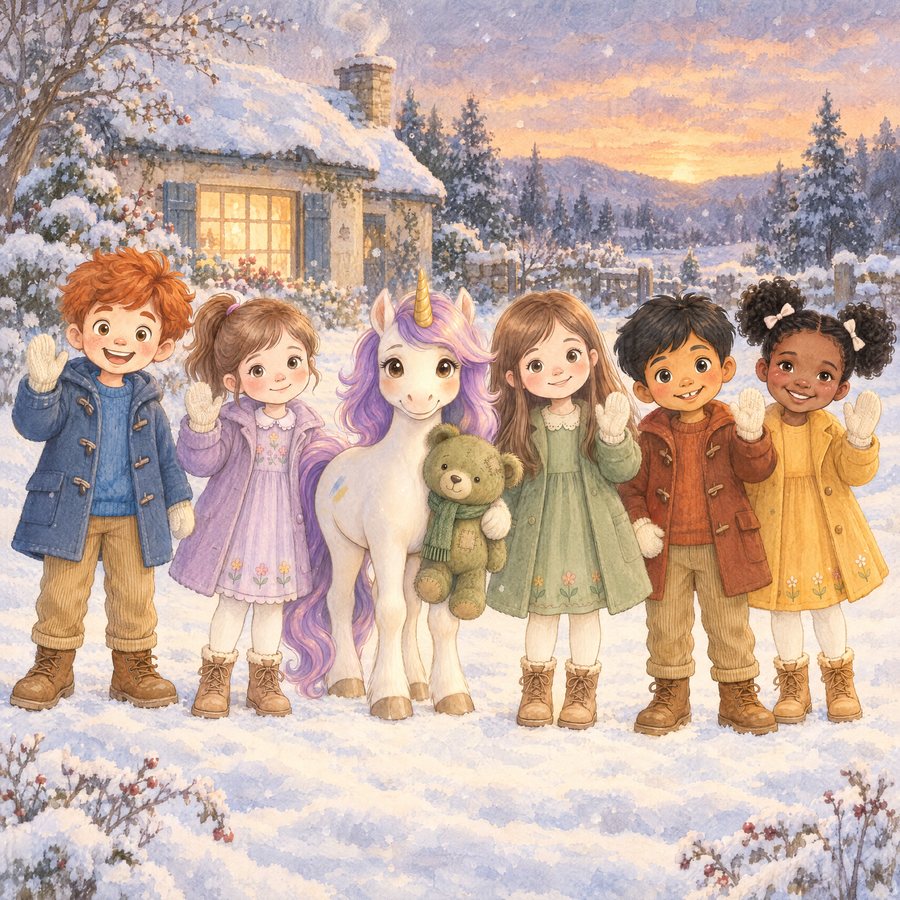 Illustration: five children in winter coats, a small unicorn foal and a teddy bear wave from the snow in front of a lamp-lit cottage at sunset.