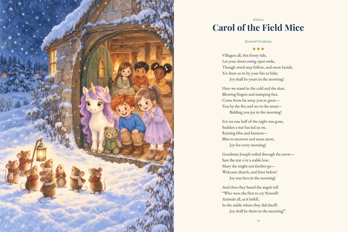 Two facing pages of the premium hardcover: a tall illustration of field mice singing carols at a snowy door, and the poem Carol of the Field Mice by Kenneth Grahame.
