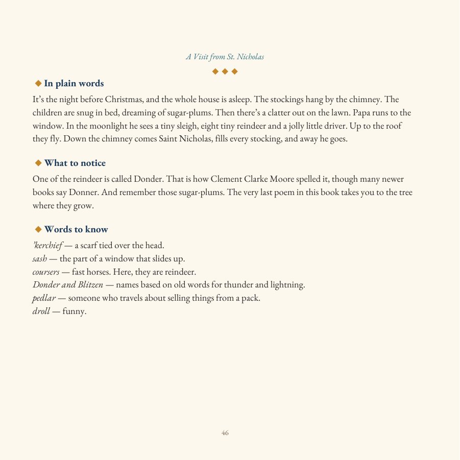 The explanation page for A Visit from St. Nicholas, with In plain words, What to notice, and Words to know.
