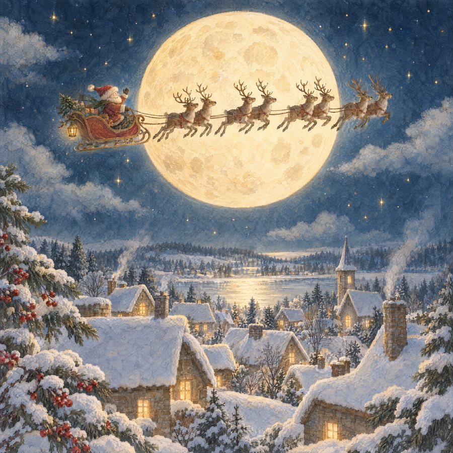 Illustration: a sleigh and eight tiny reindeer fly across a full moon above a snowy village on Christmas Eve.